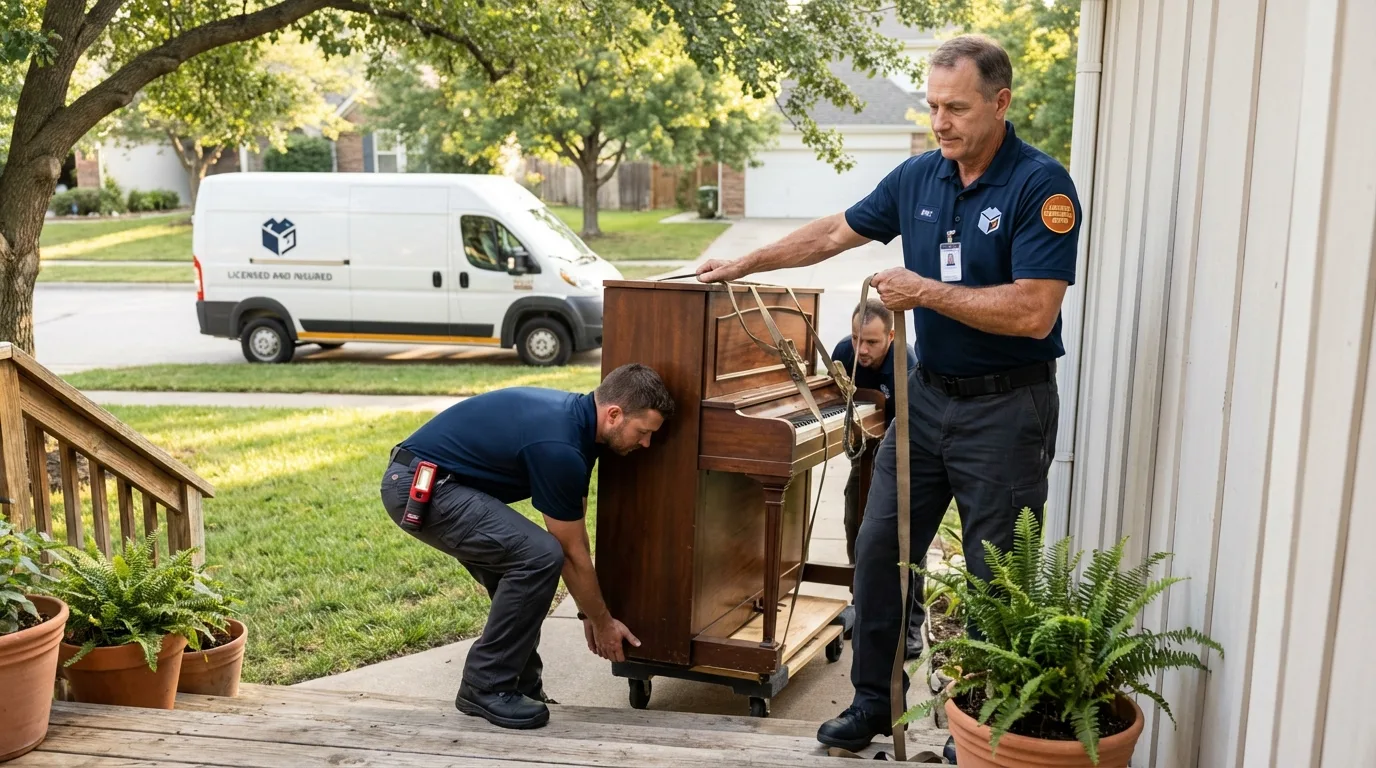 Licensed piano movers securing grand piano in Milton, WV