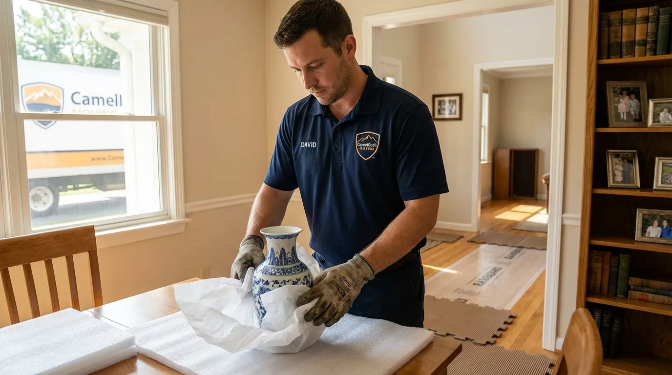 Professional crew carefully wrapping antique vase for senior downsizing move in Milton, WV